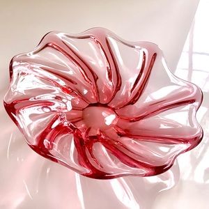 ❤️MCM Glass Venetian Murano Pink Cranberry Swirl Centerpiece Bowl Fruit Bowl